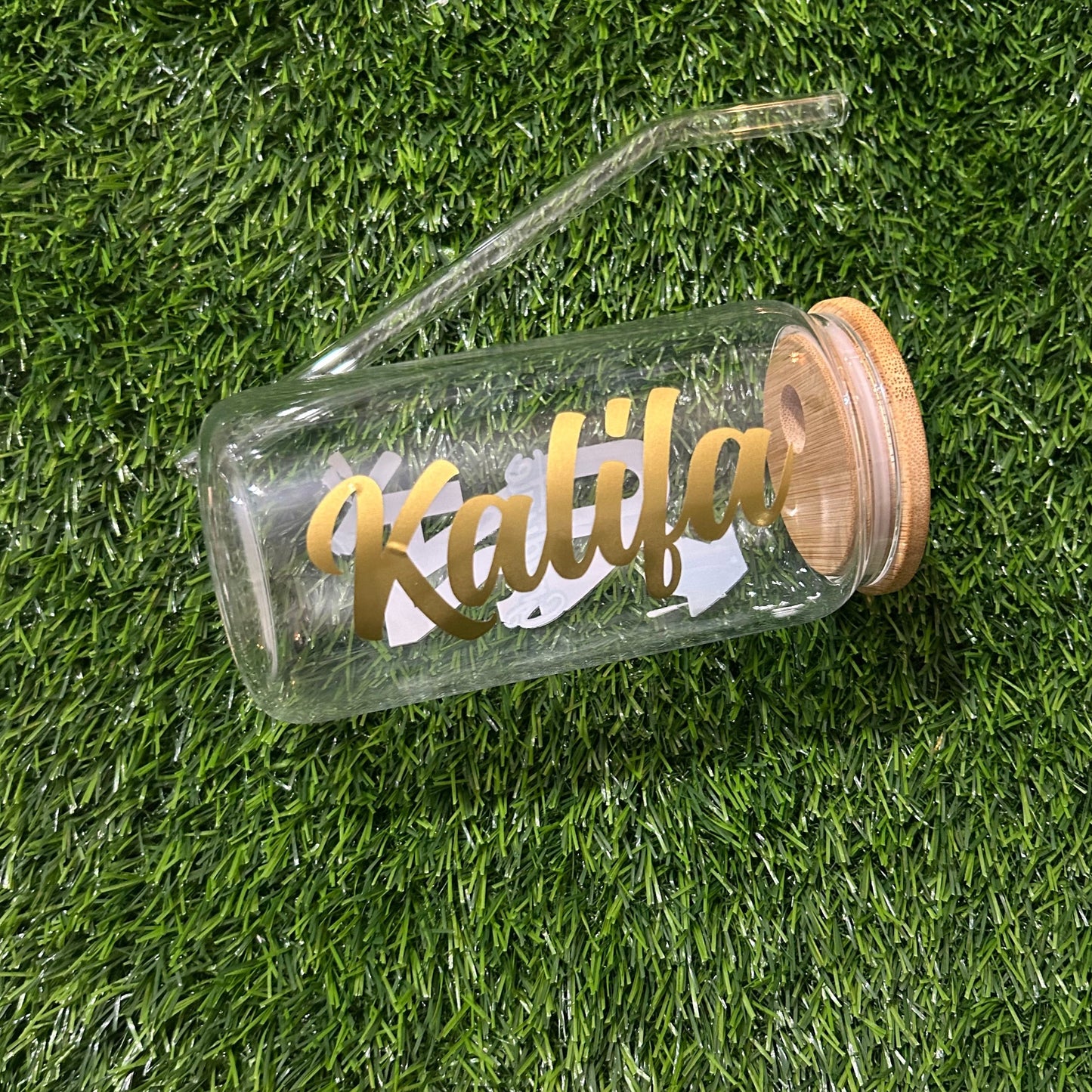 Customizable Grad Themed Glass Beer Can Cup With Wooden Lid and Straw