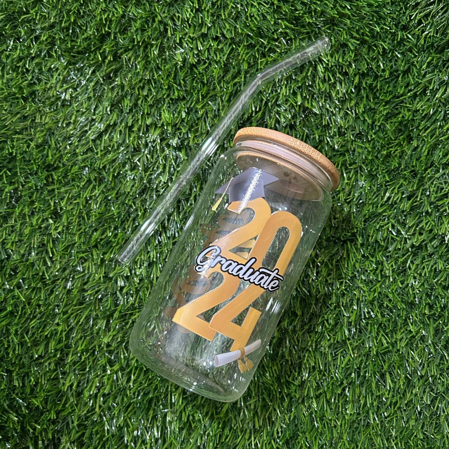 Customizable Grad Themed Glass Beer Can Cup With Wooden Lid and Straw