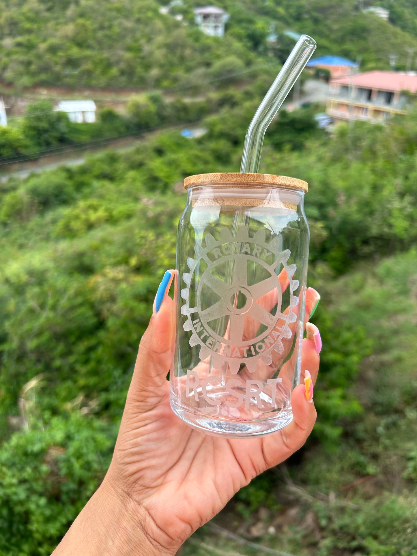 Engraved Glass Beer Can Cup With Wooden Lid and Straw