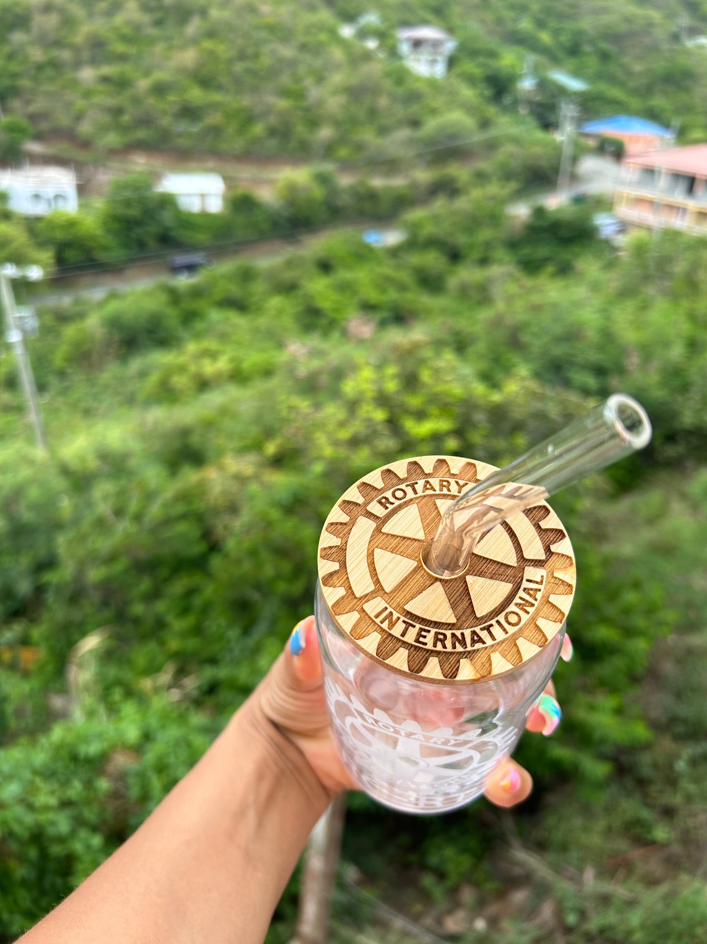 Engraved Glass Beer Can Cup With Wooden Lid and Straw