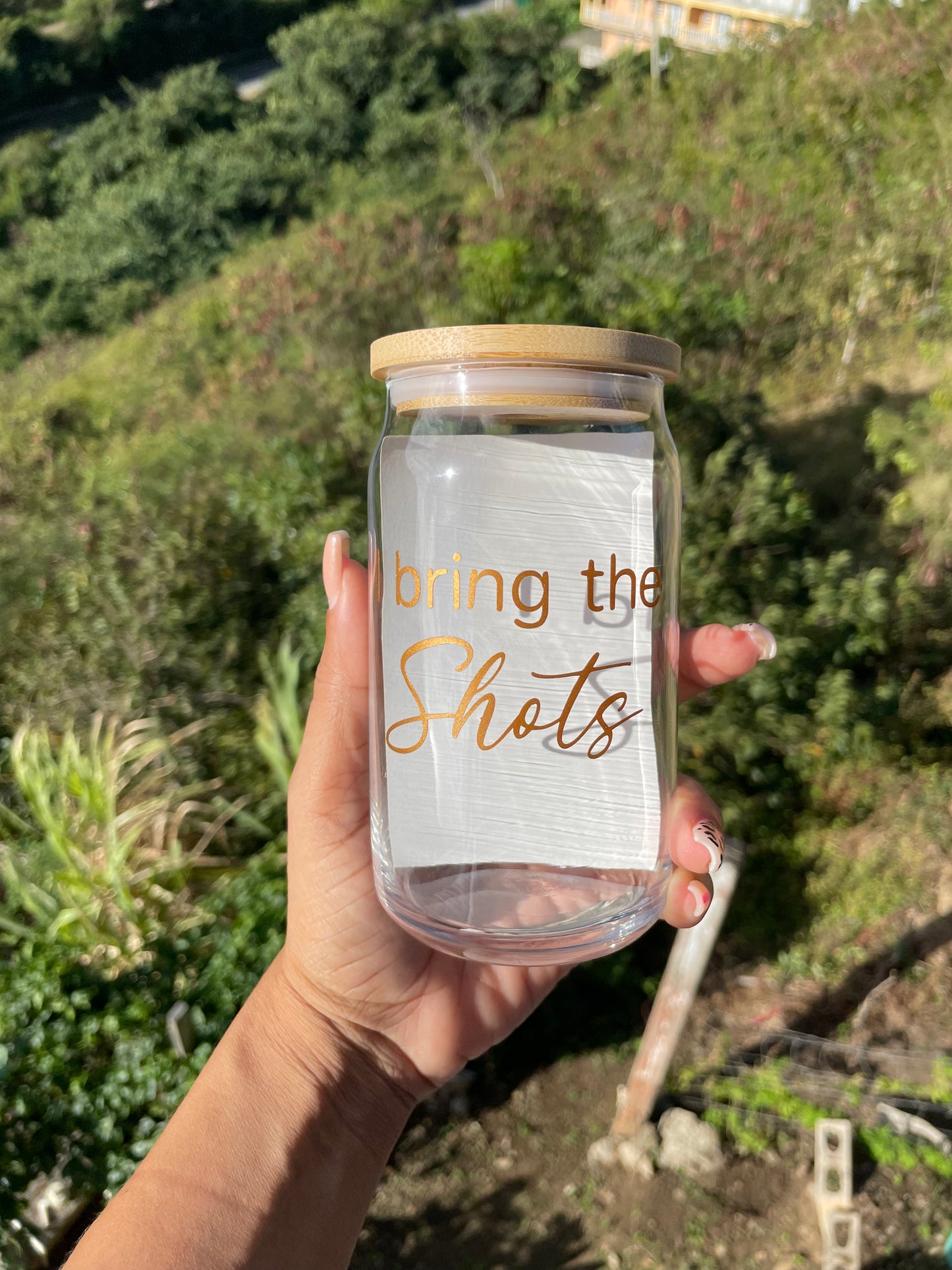 Glass Beer Can Cup With Wooden Lid and Straw