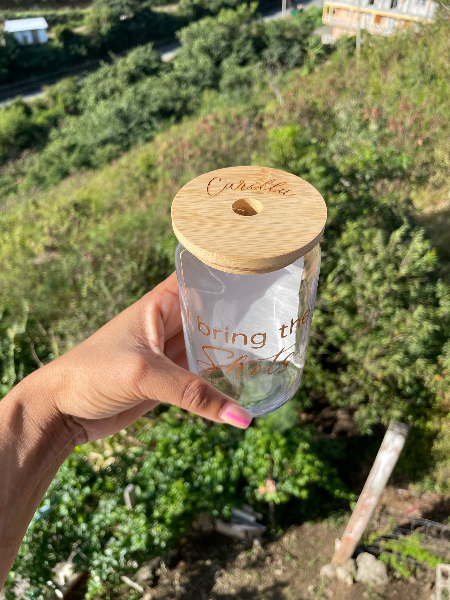Glass Beer Can Cup With Wooden Lid and Straw