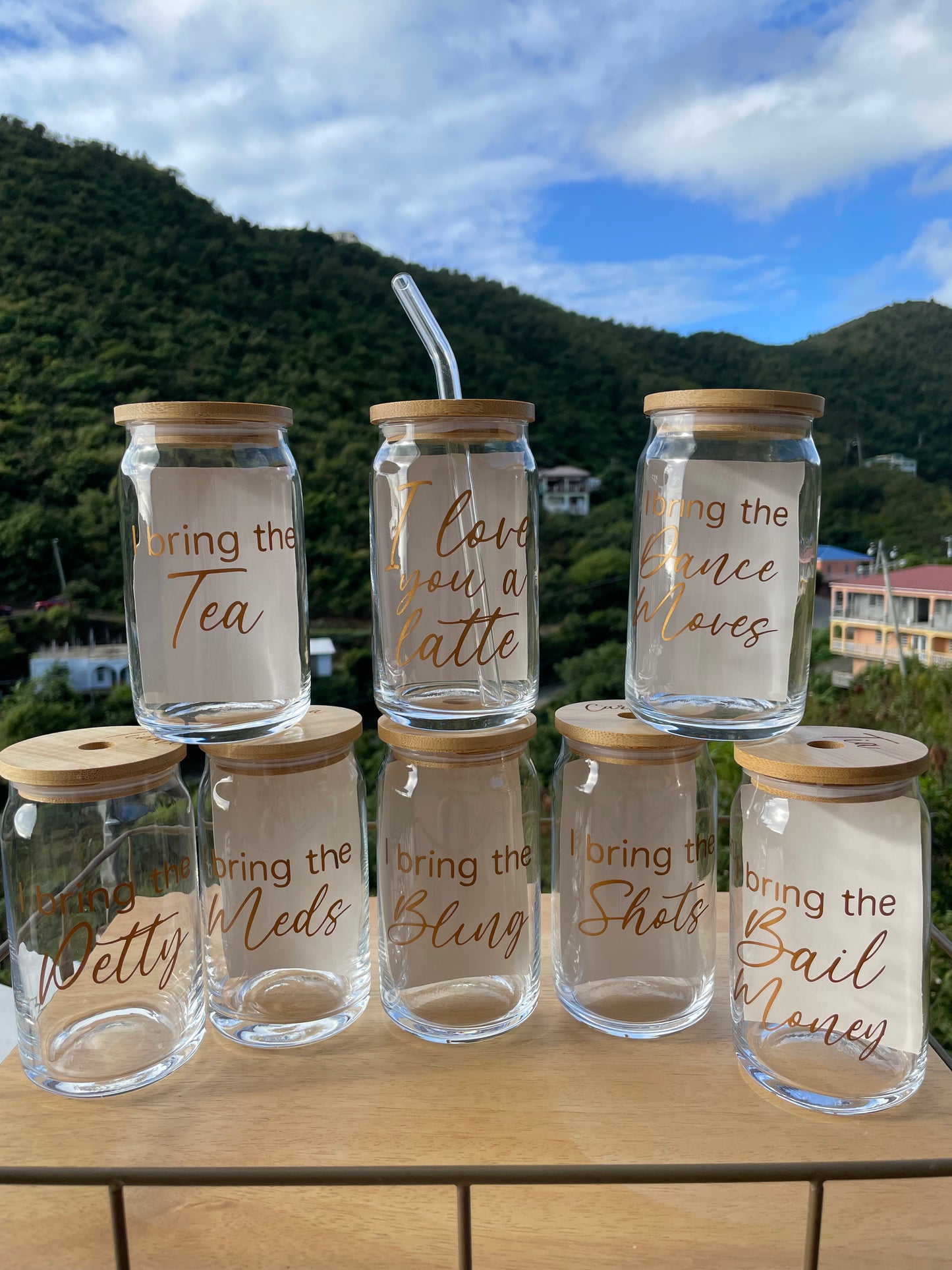 Glass Beer Can Cup With Wooden Lid and Straw